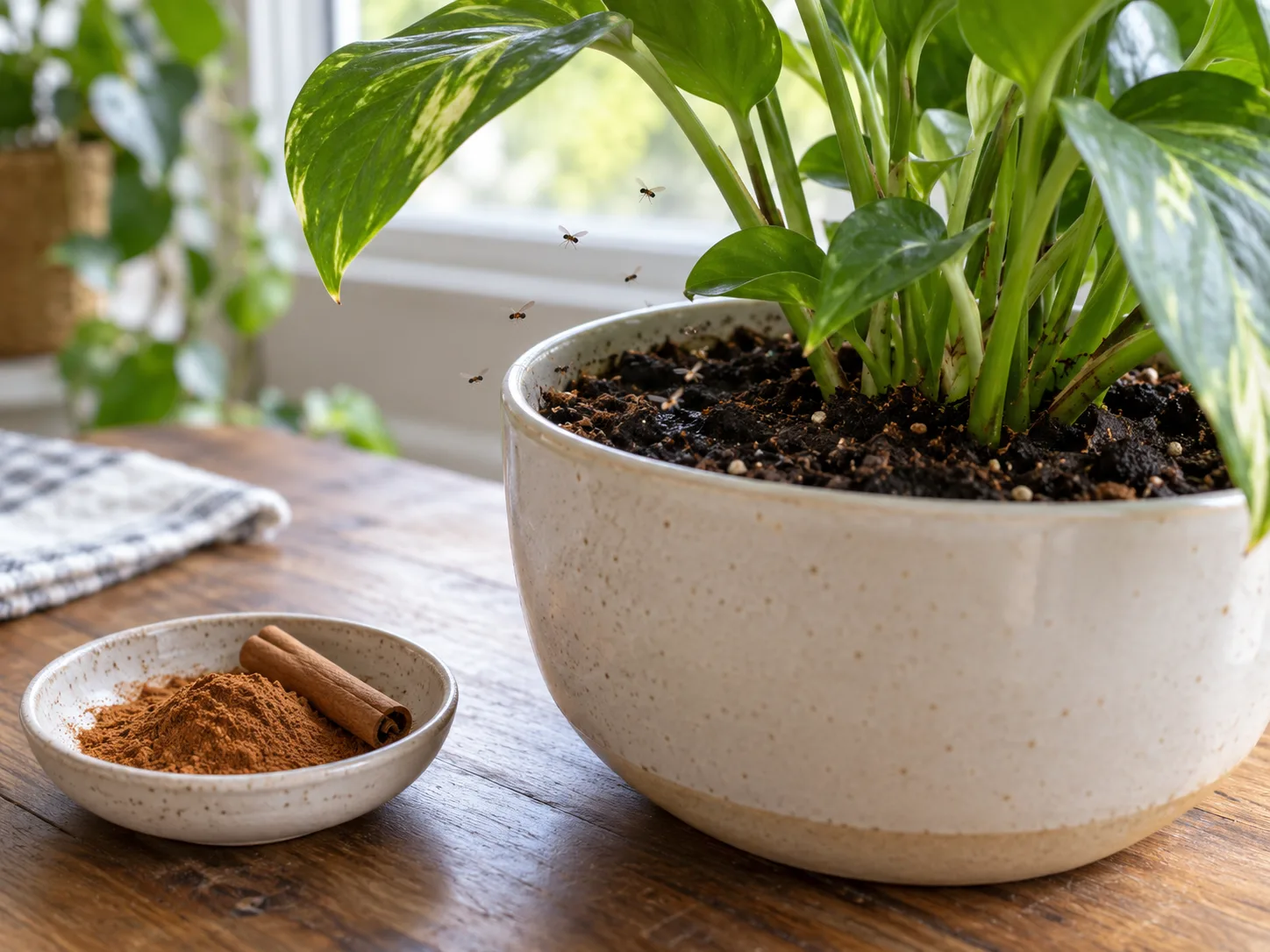 Cinnamon kept beside a potted plant while fungus gnats remain above the soil