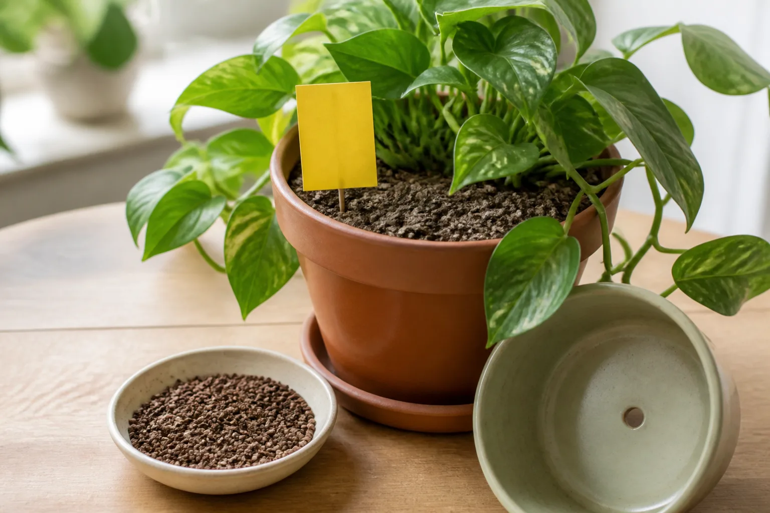Yellow sticky trap card beside houseplant pots during a fungus gnat treatment plan