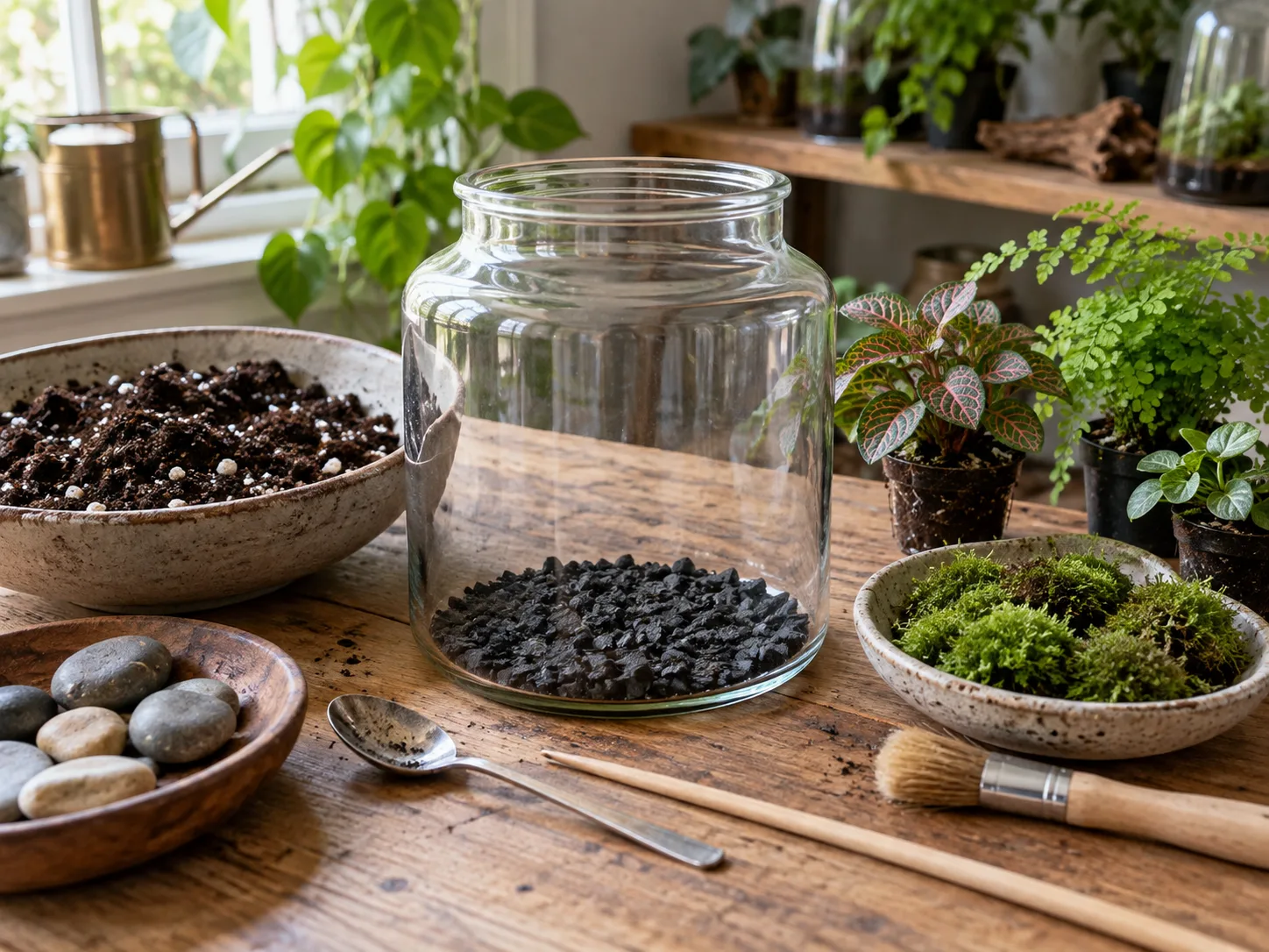 A clean glass jar, soilless mix, horticultural charcoal, stones, tools, and small plants arranged for a terrarium build