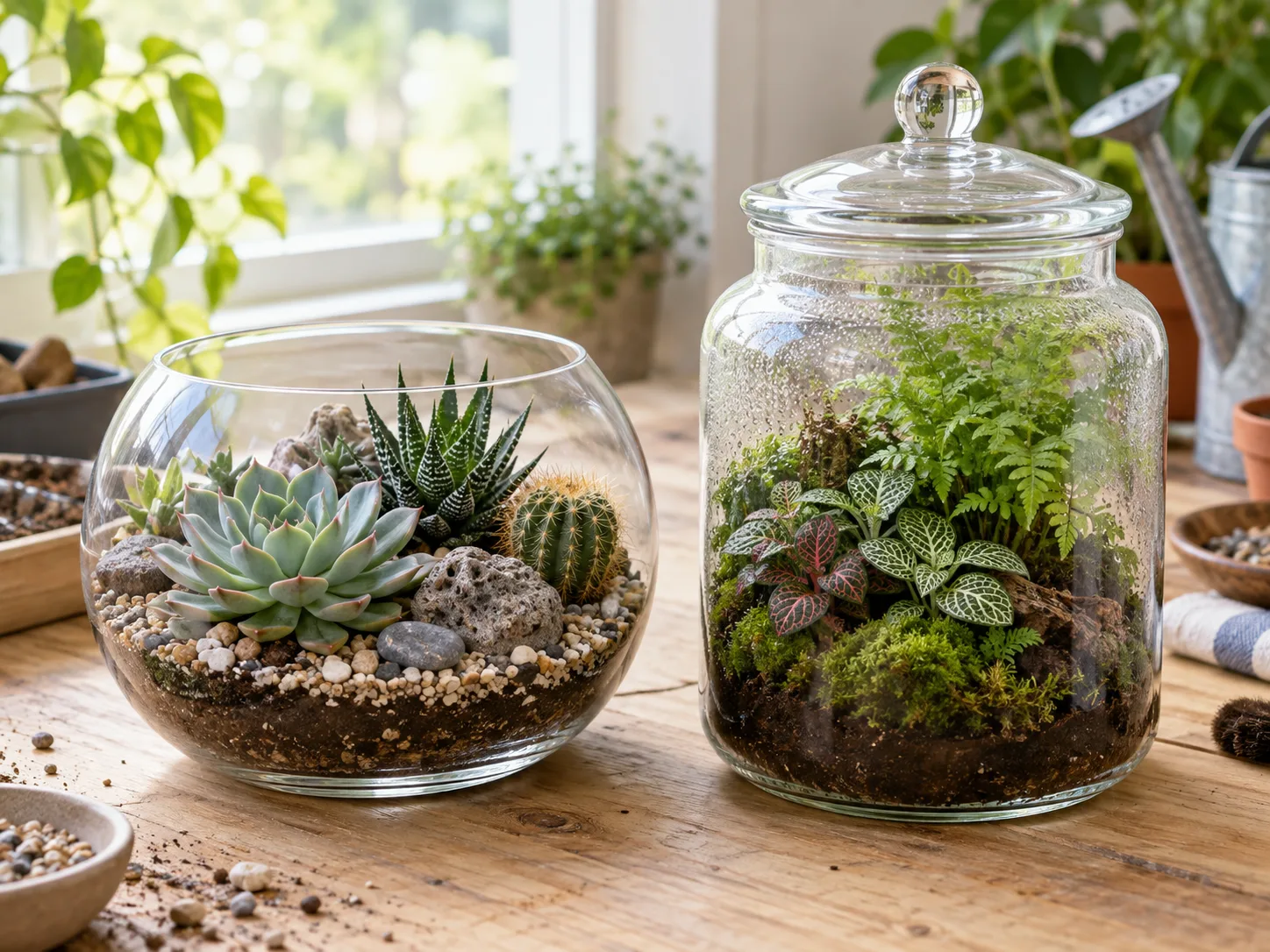 An open succulent terrarium beside a closed moss and fern terrarium, showing the two basic growing environments