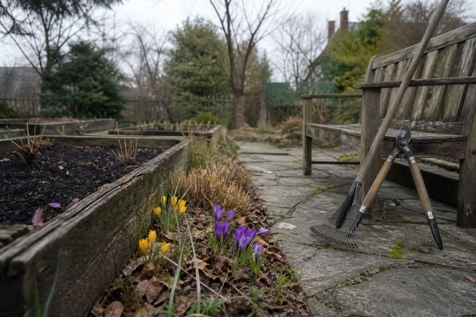 Early spring backyard garden with crocus shoots emerging beside dormant beds, a rake, and pruners on a stone path.