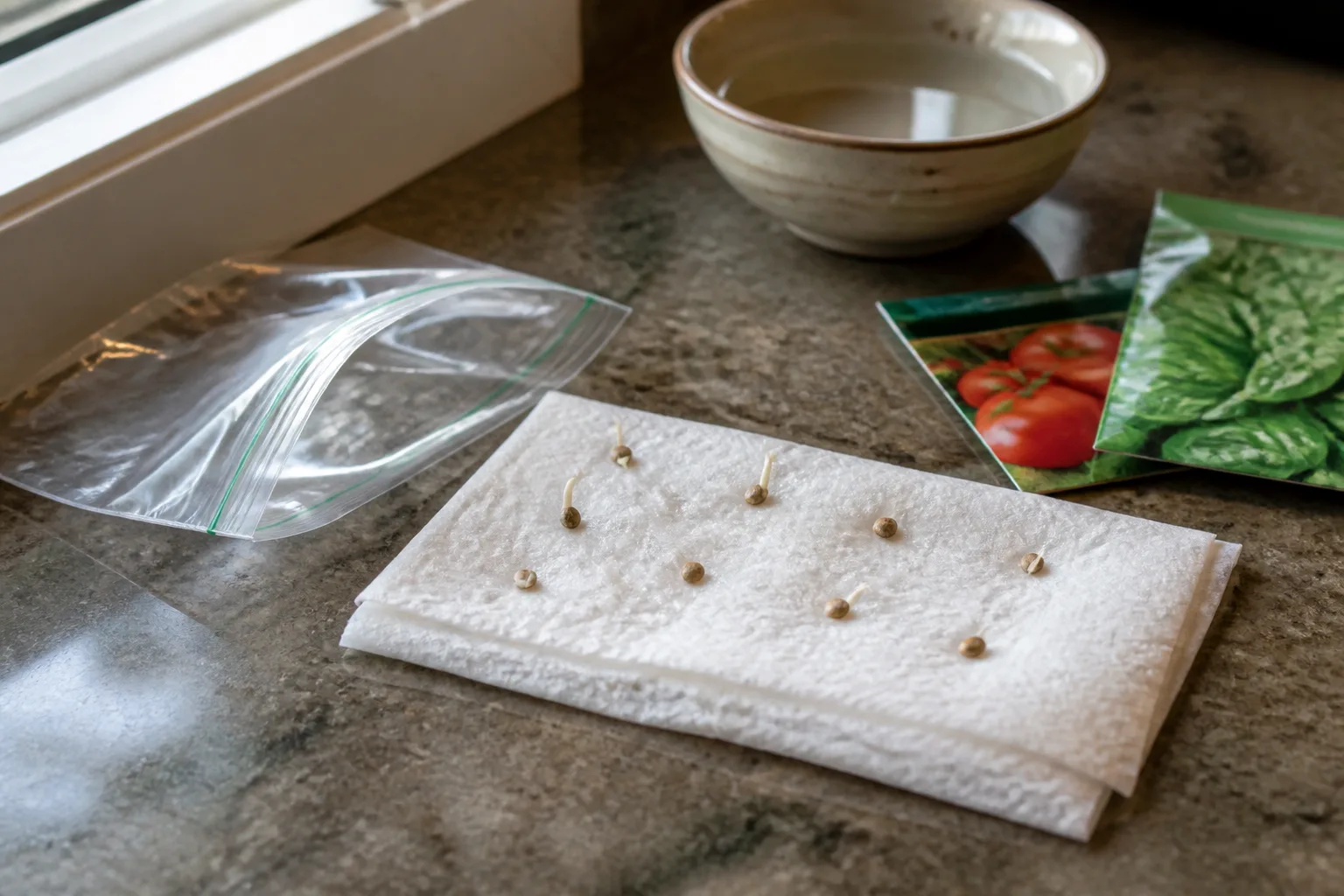 Seed-starting trays and labeled vegetable seed packets on a potting bench in early spring