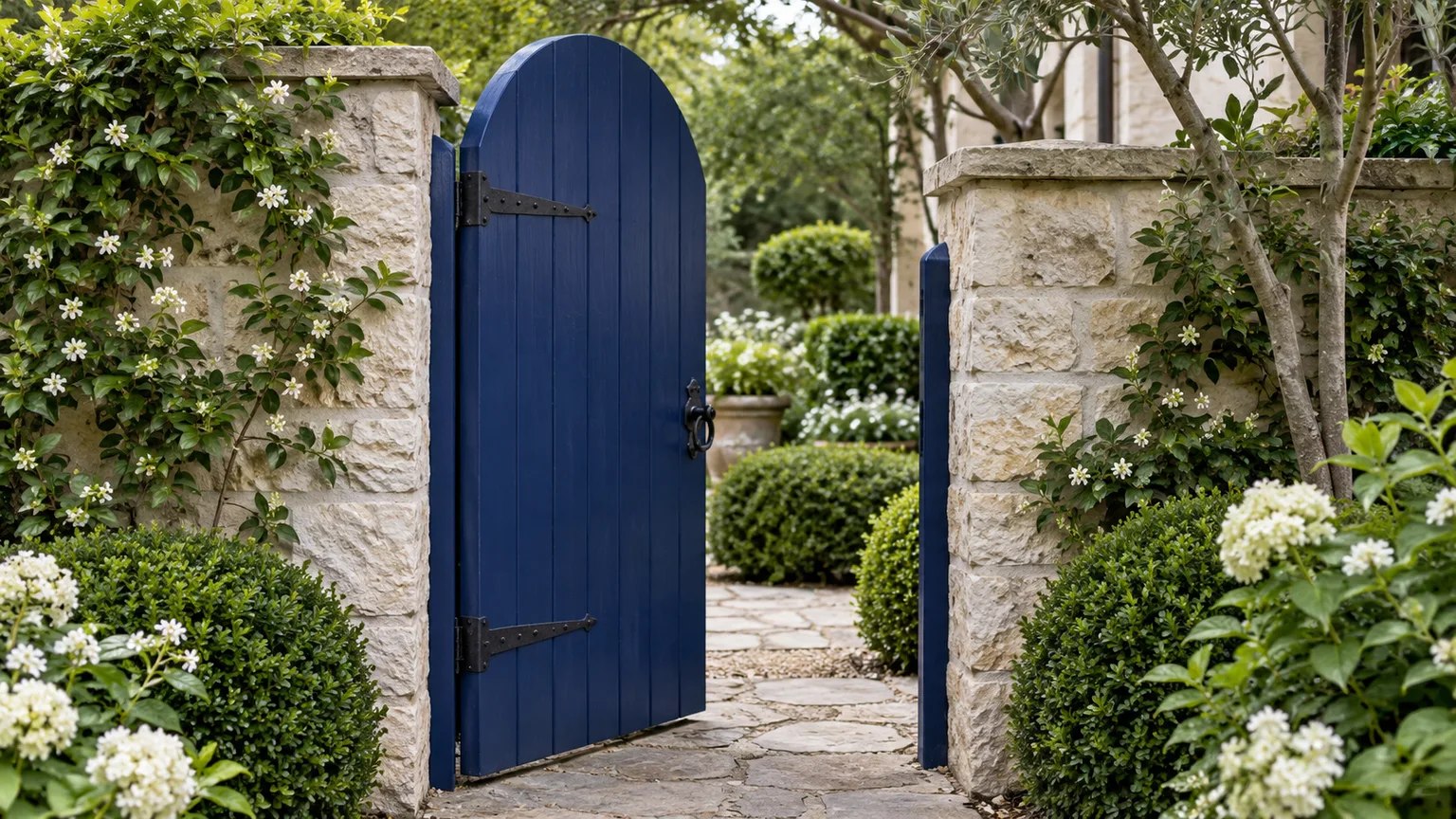 A cobalt-blue arched gate creates a colorful threshold in a pale stone garden wall