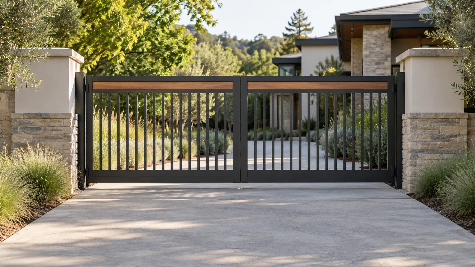 A double-leaf steel driveway gate with cedar accents set between masonry piers