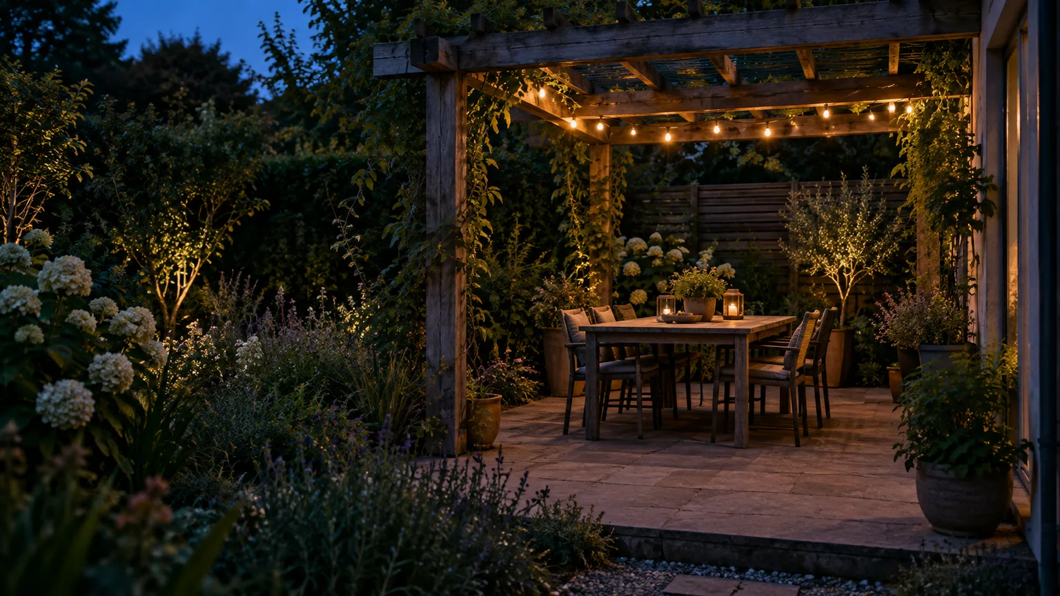 Warm, dimmable string lights create a soft pool over a pergola dining area while the surrounding planted garden remains comparatively dark.