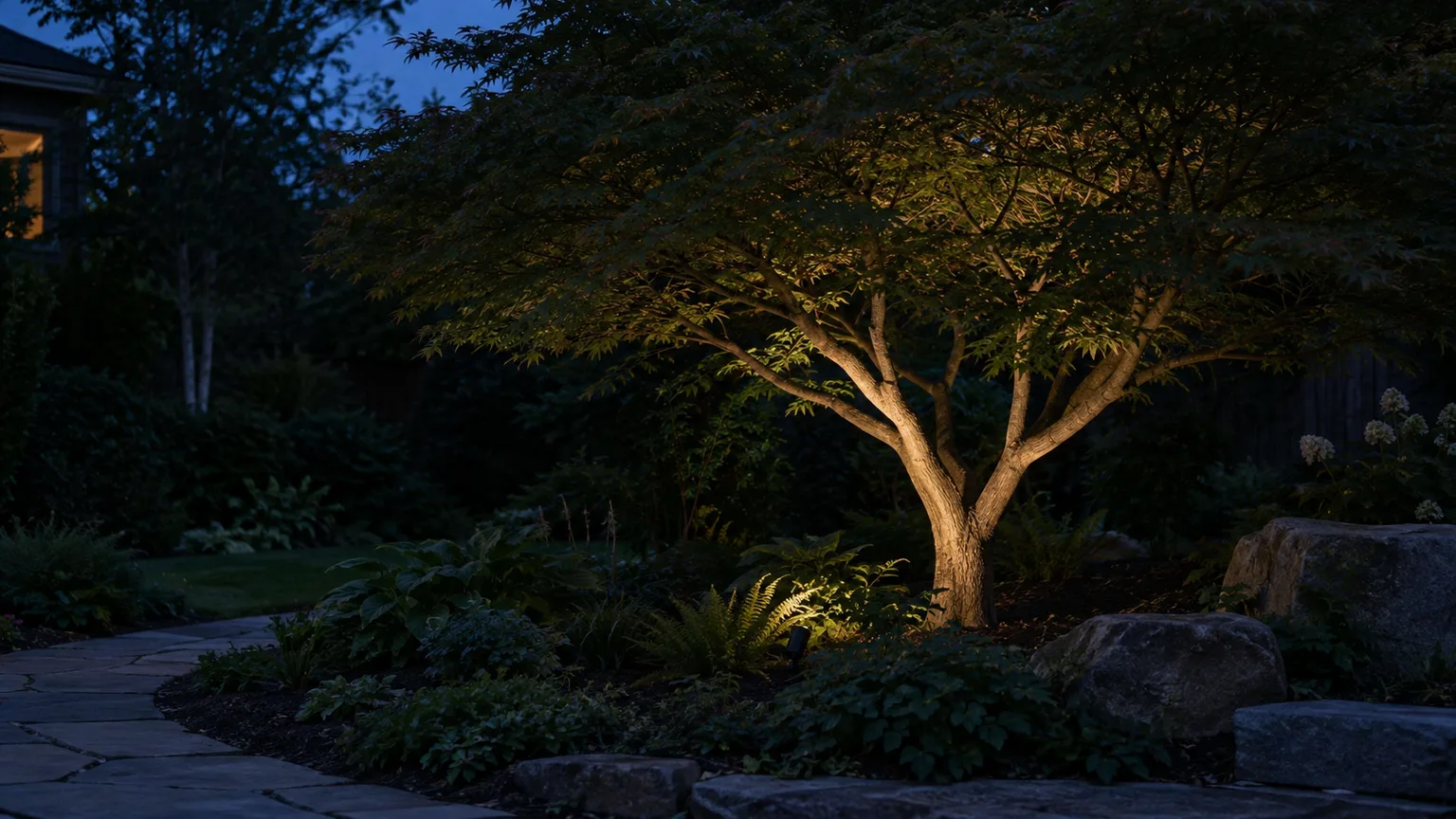 A single warm, shielded spotlight grazes a specimen tree and its lower branches while the surrounding garden stays dark.