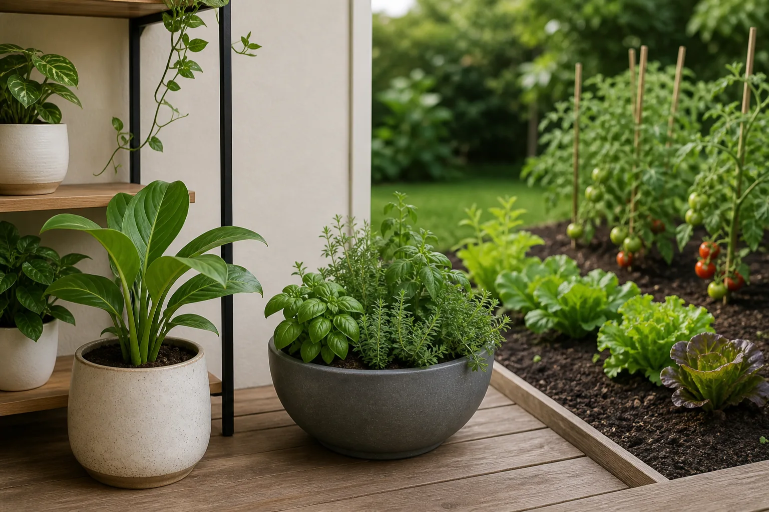 A comparison of a potted planting setup and a raised outdoor garden bed with different soil choices