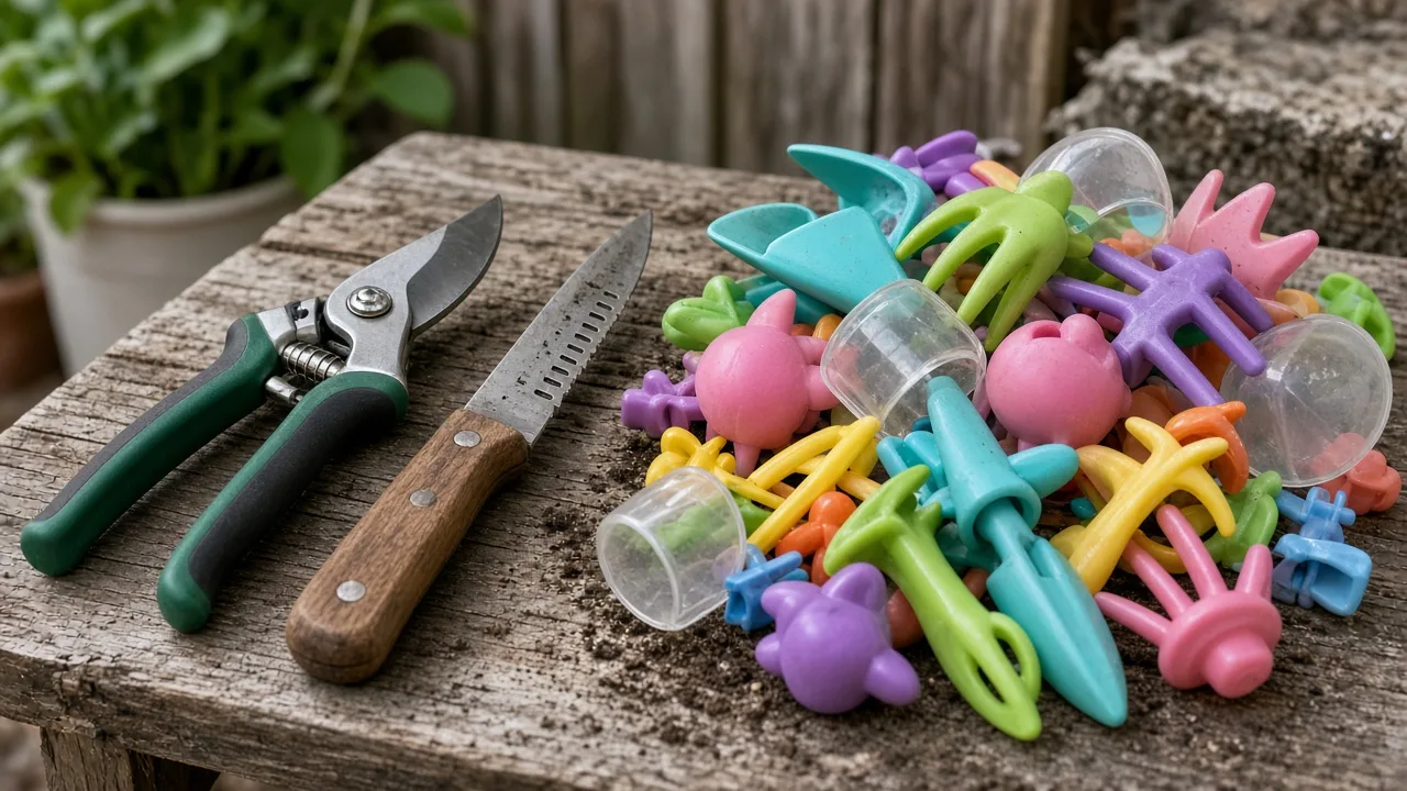 Durable hand gardening tools arranged on a garden workbench