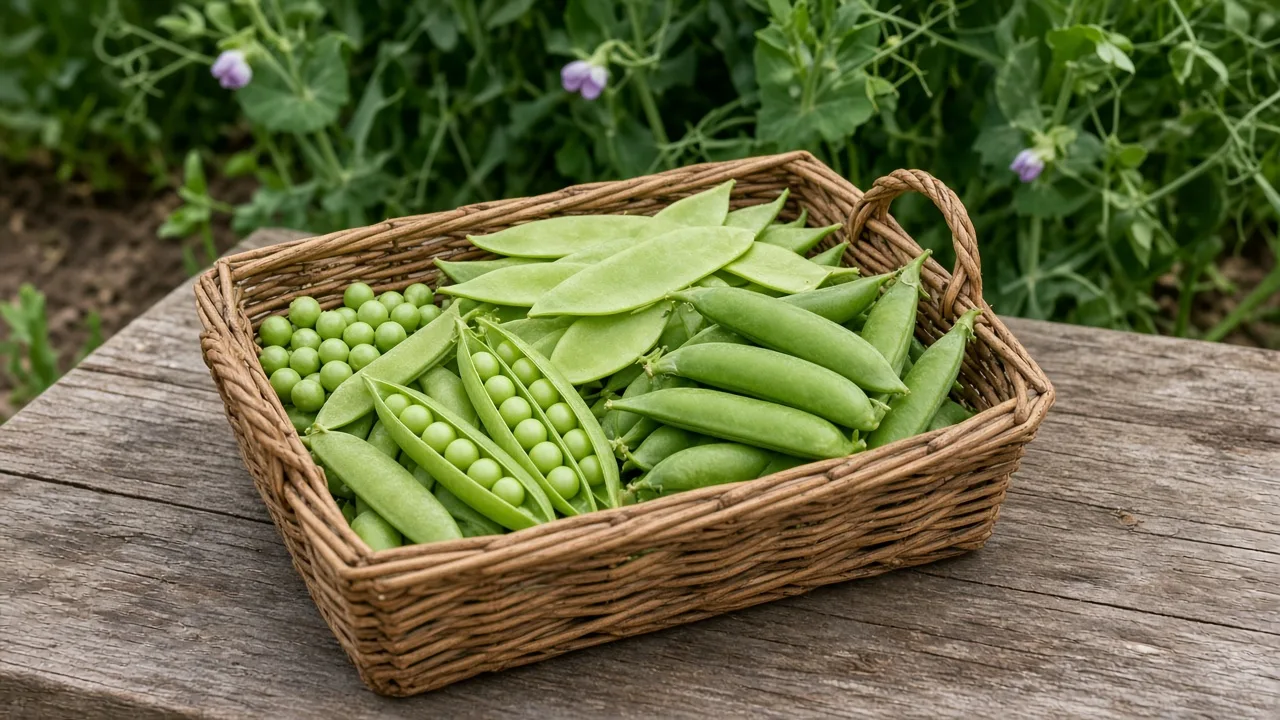 Three types of fresh garden peas—shelling, snow, and snap—beside a pea trellis
