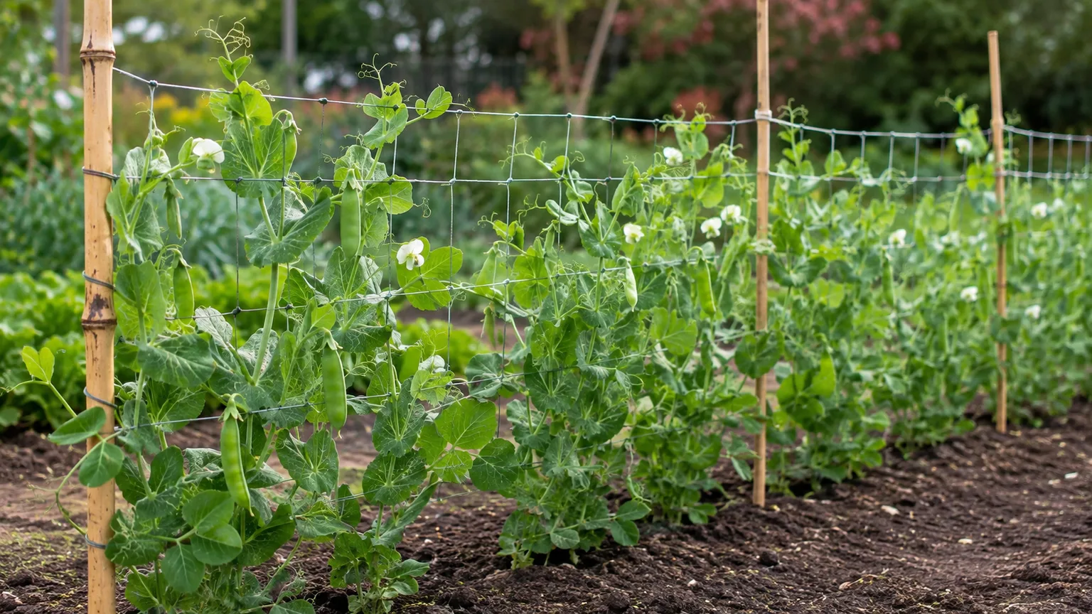 Healthy pea vines climbing a garden trellis in a spring bed