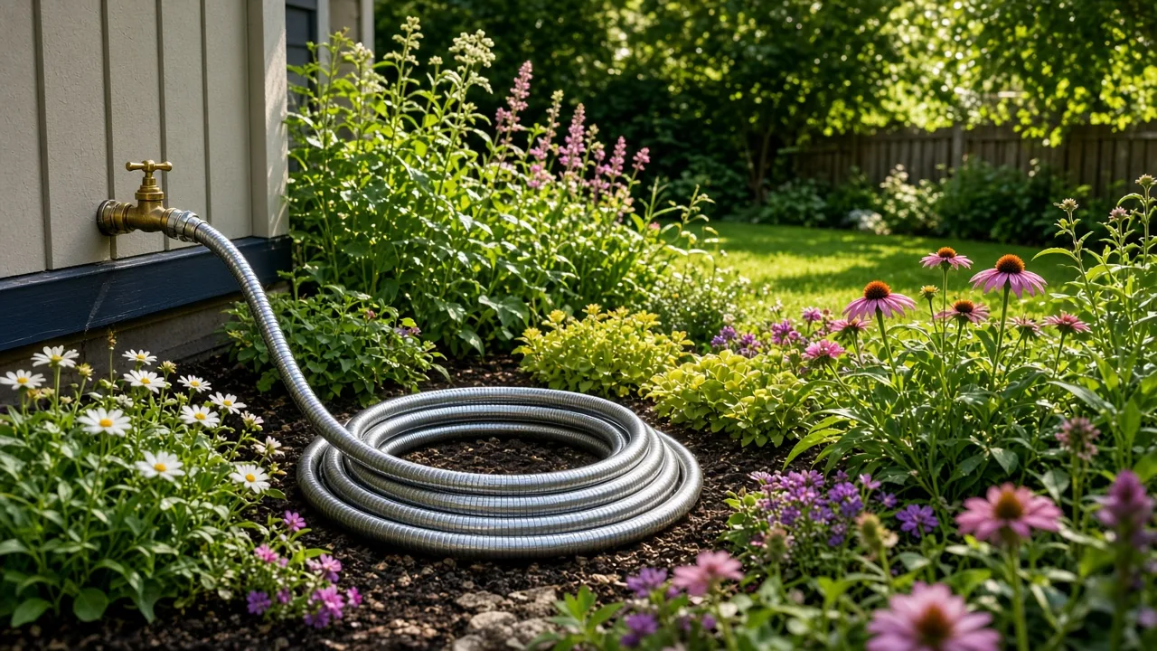 Coiled garden hose beside potted plants in a sunny garden
