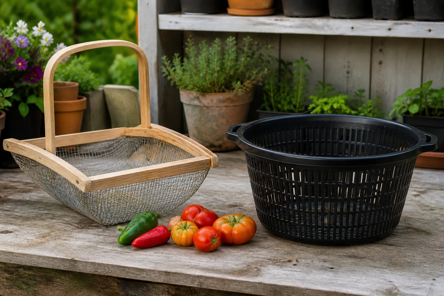 Garden harvest hod and organized outdoor tool storage on shelving