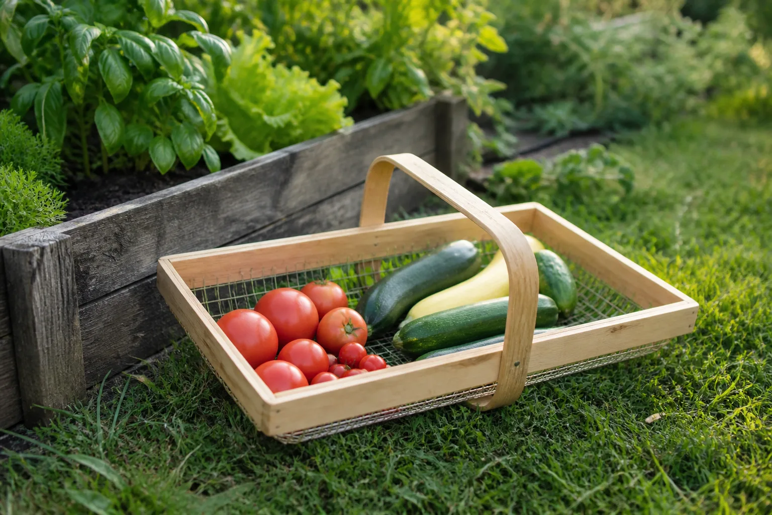 Wooden wire-mesh garden hod basket filled with freshly picked summer vegetables beside a raised bed