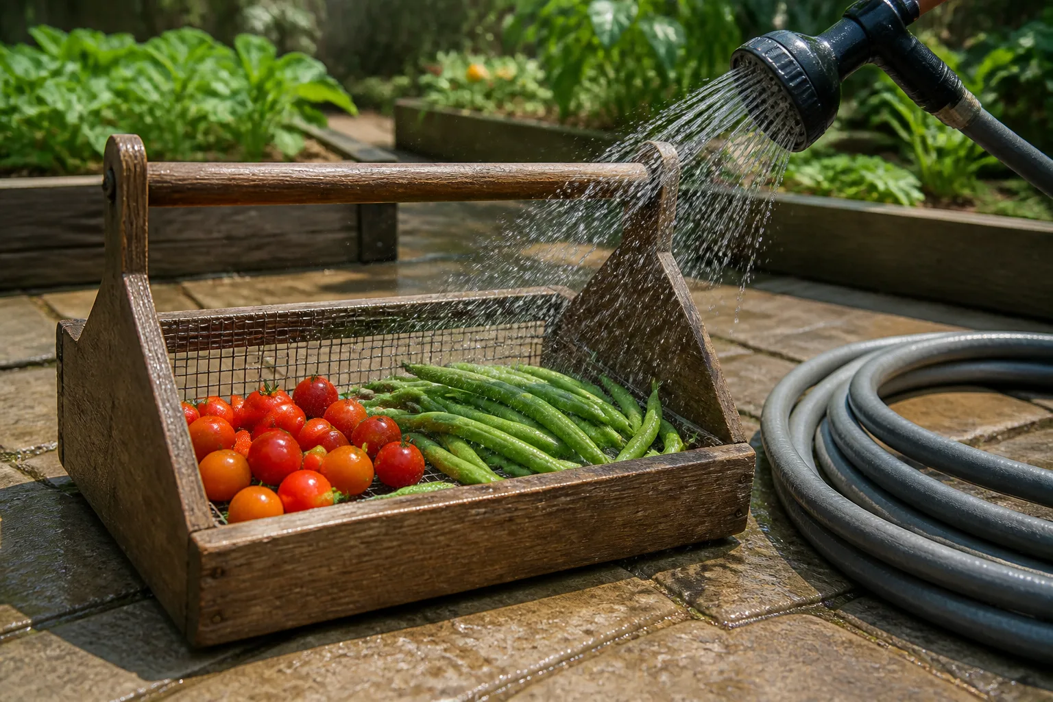 Garden harvest hod and rolling outdoor cart setup for hauling tools while working low in the yard