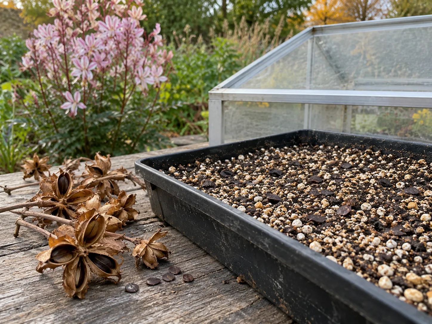 Dry gas plant seed capsules beside a marked seed tray in a sheltered cold frame