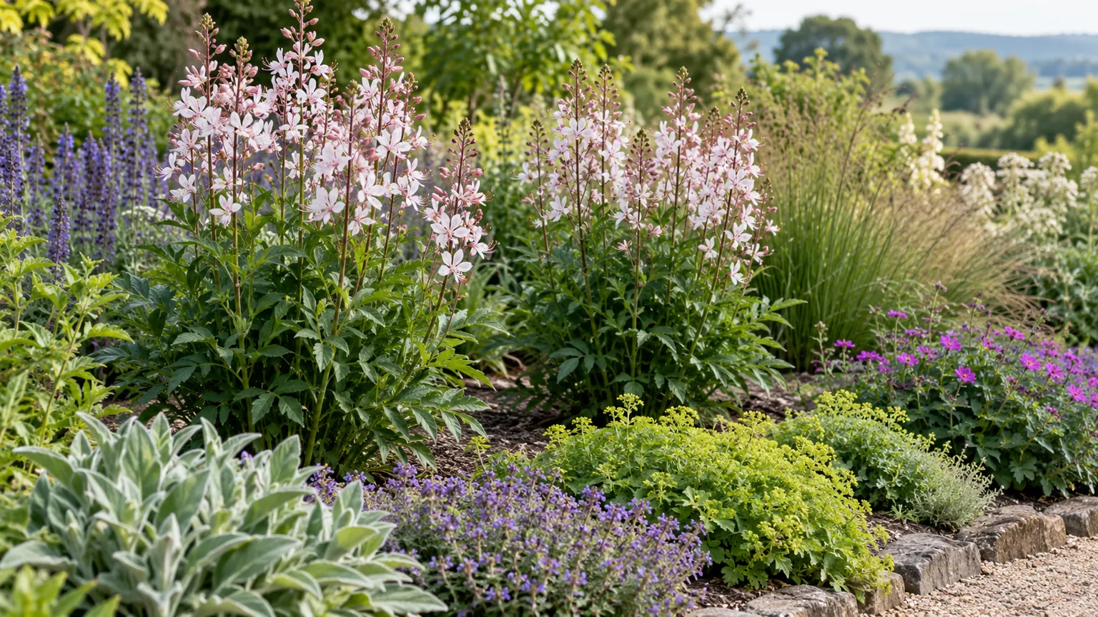 Established gas plants growing in a well-drained sunny perennial border with space around each clump