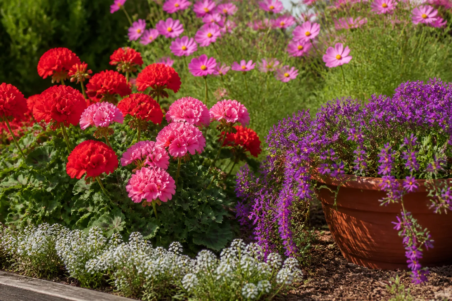 Red and pink zonal geraniums blooming in a sunny summer container garden