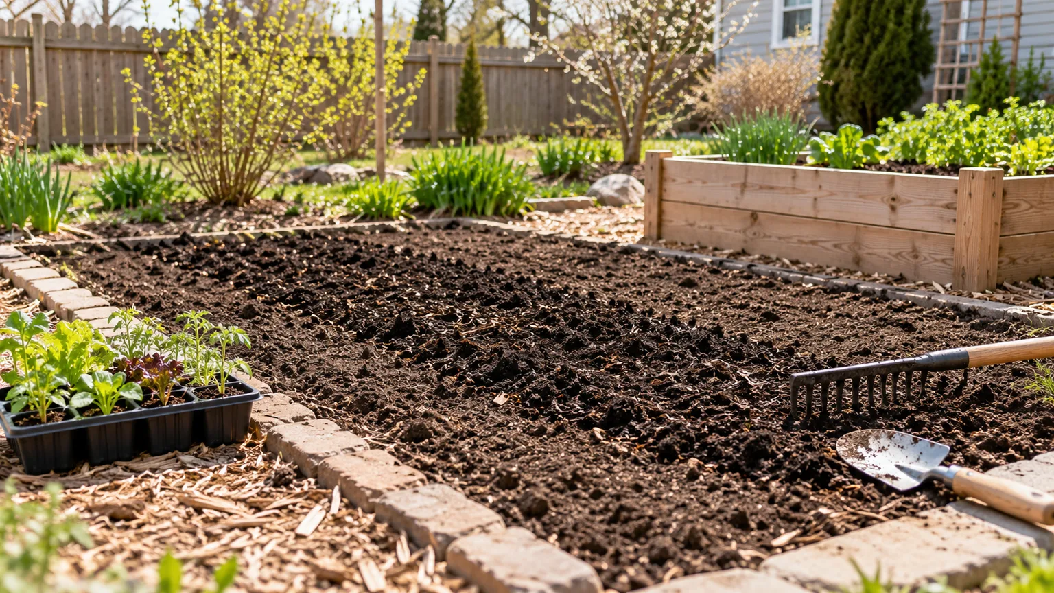 Early spring vegetable beds with emerging greens, seedlings, and garden tools ready for planting