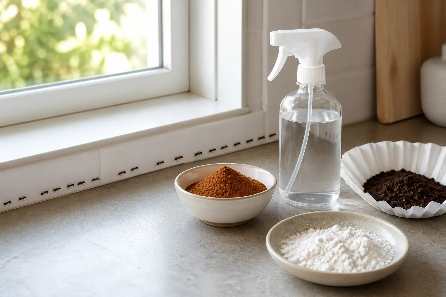 Small black ants on a kitchen counter beside cinnamon, vinegar spray, coffee grounds, and diatomaceous earth