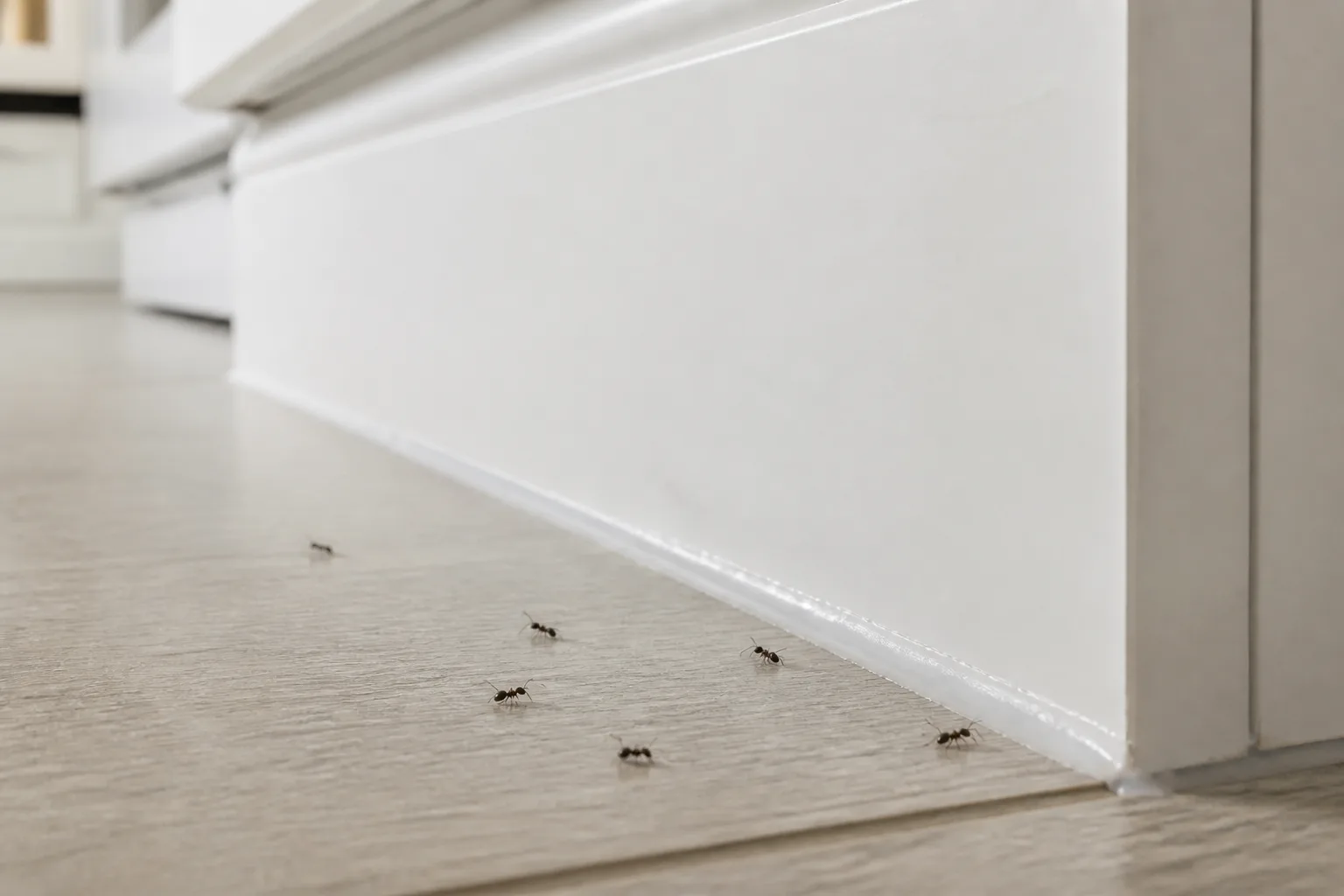 Caulk gun sealing a gap around a kitchen window frame to block ant entry points