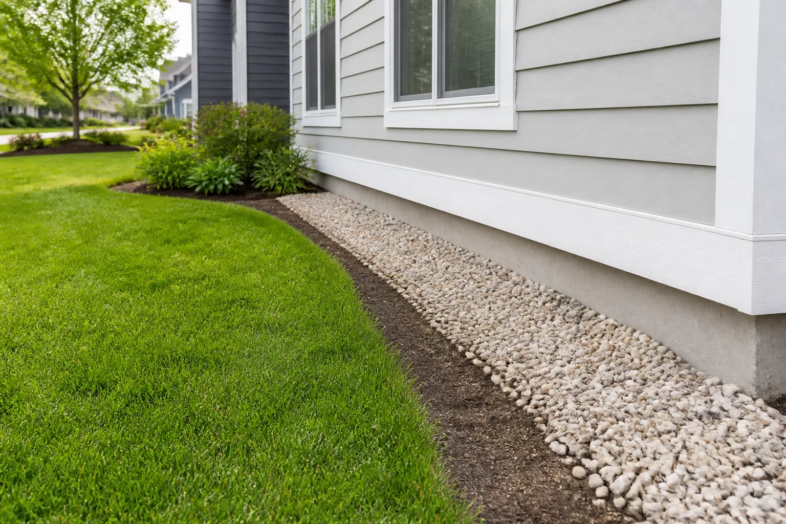 Pea gravel barrier strip separating a house foundation from the lawn to block clover mite entry