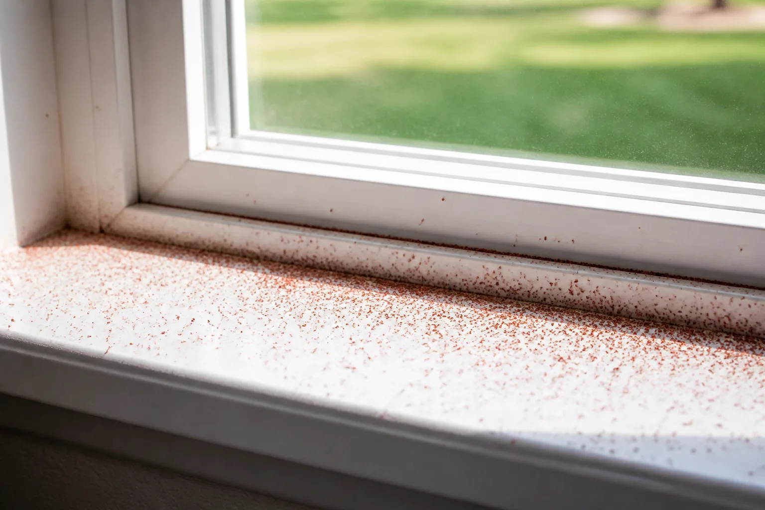 Pinhead-sized reddish clover mites clustered along a bright white interior window sill in spring sunlight