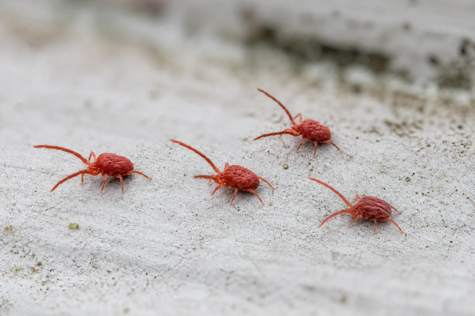 Macro close-up of tiny clover mites on window trim showing elongated front legs held forward like antennae