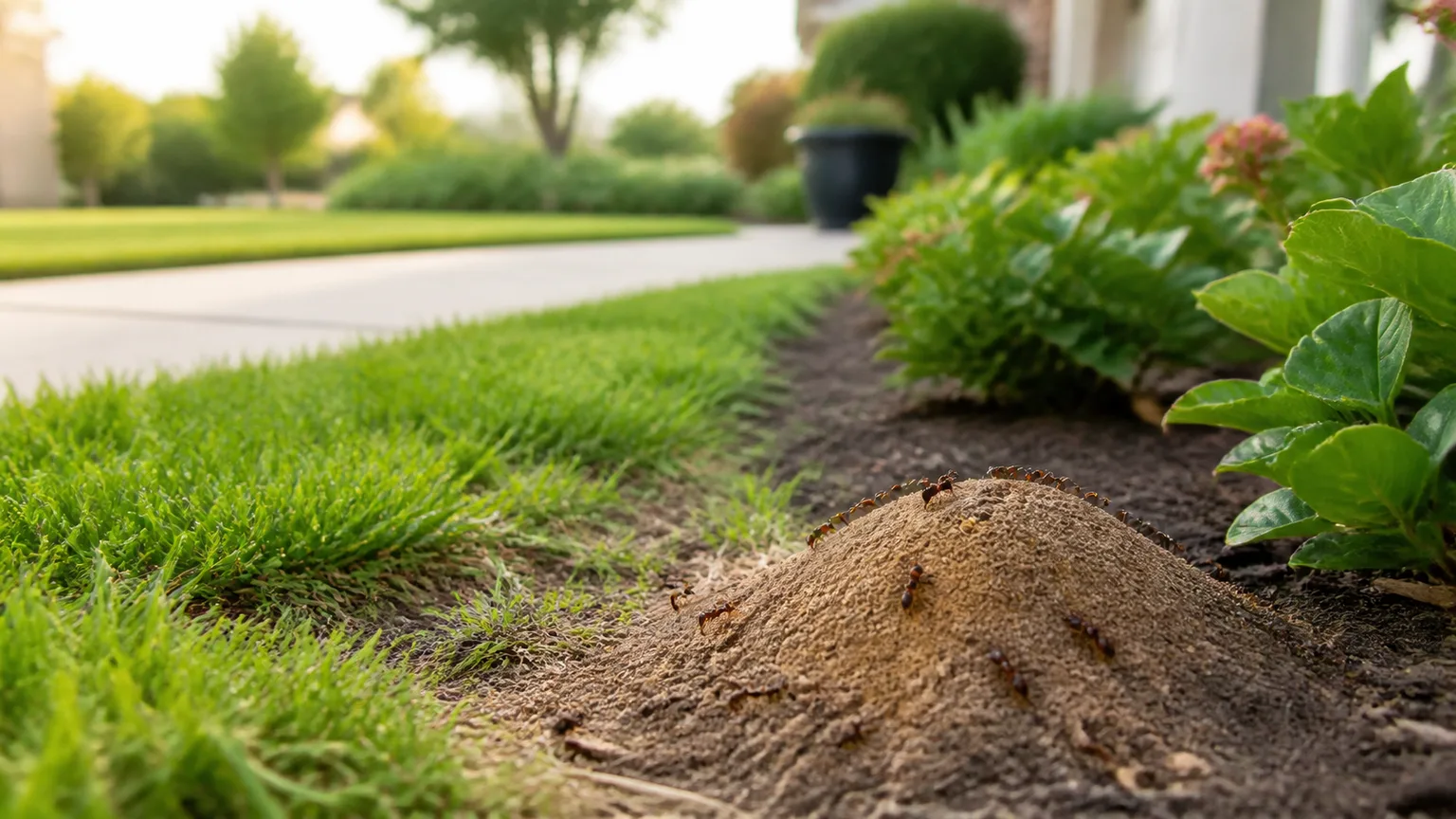 Fire ants moving across a low mound at the edge of a lawn and garden bed