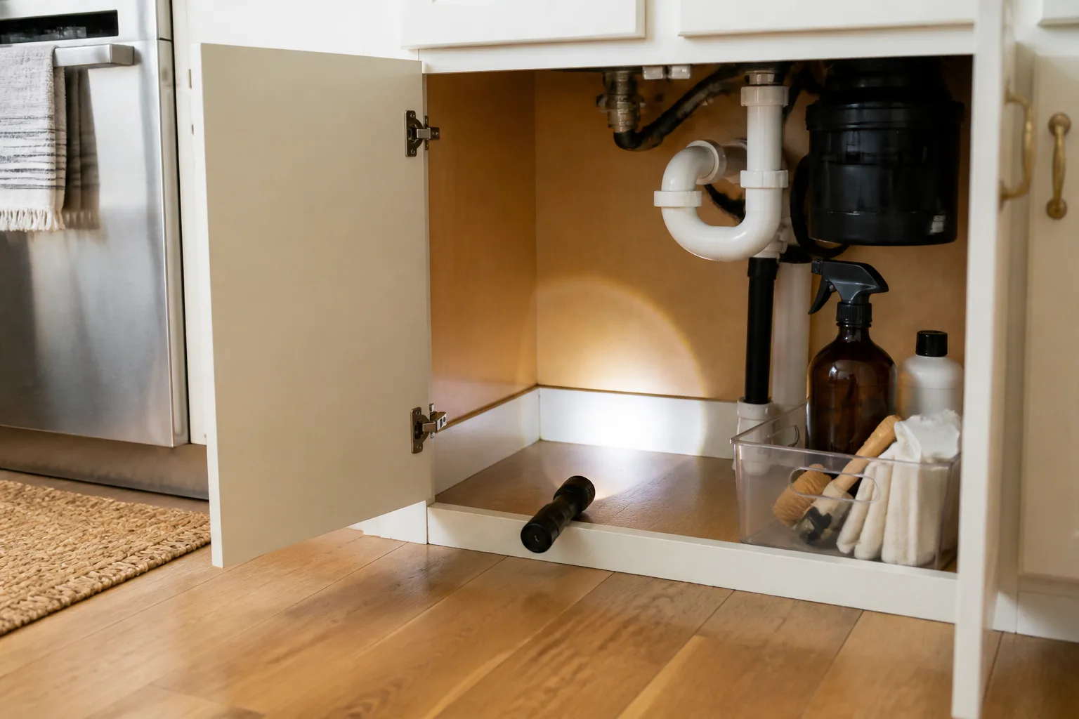 Under-sink kitchen cabinet baseboard area lit for inspection during natural cockroach control and deep cleaning