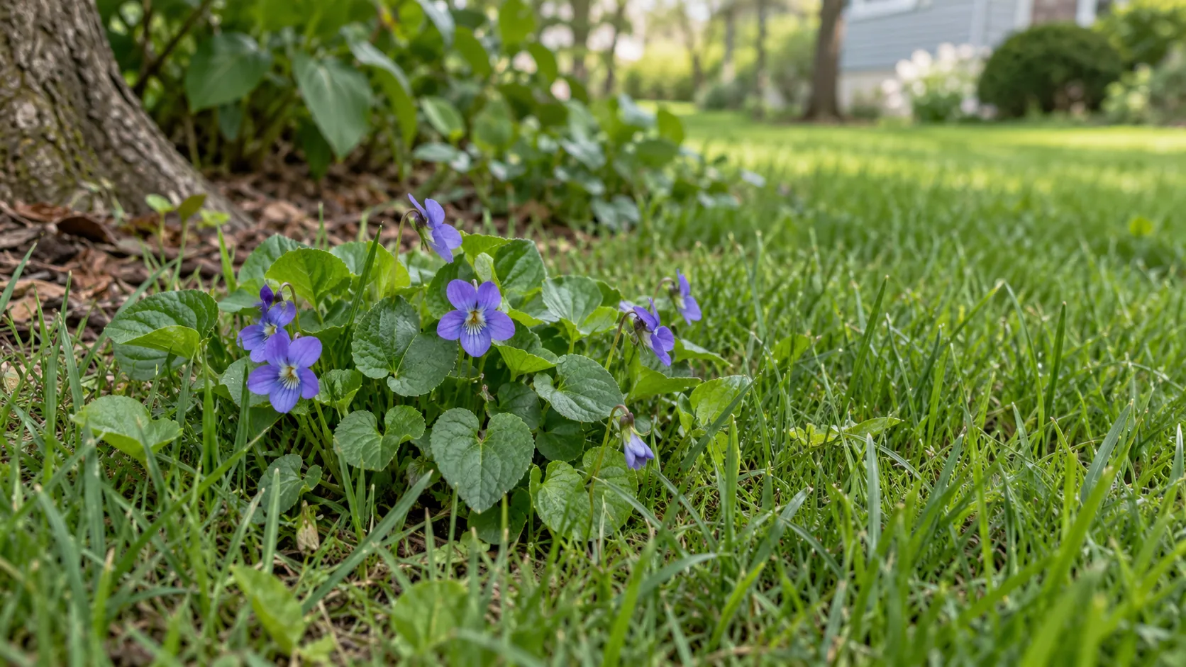 Common blue violets growing among lawn grass in a shaded spring yard