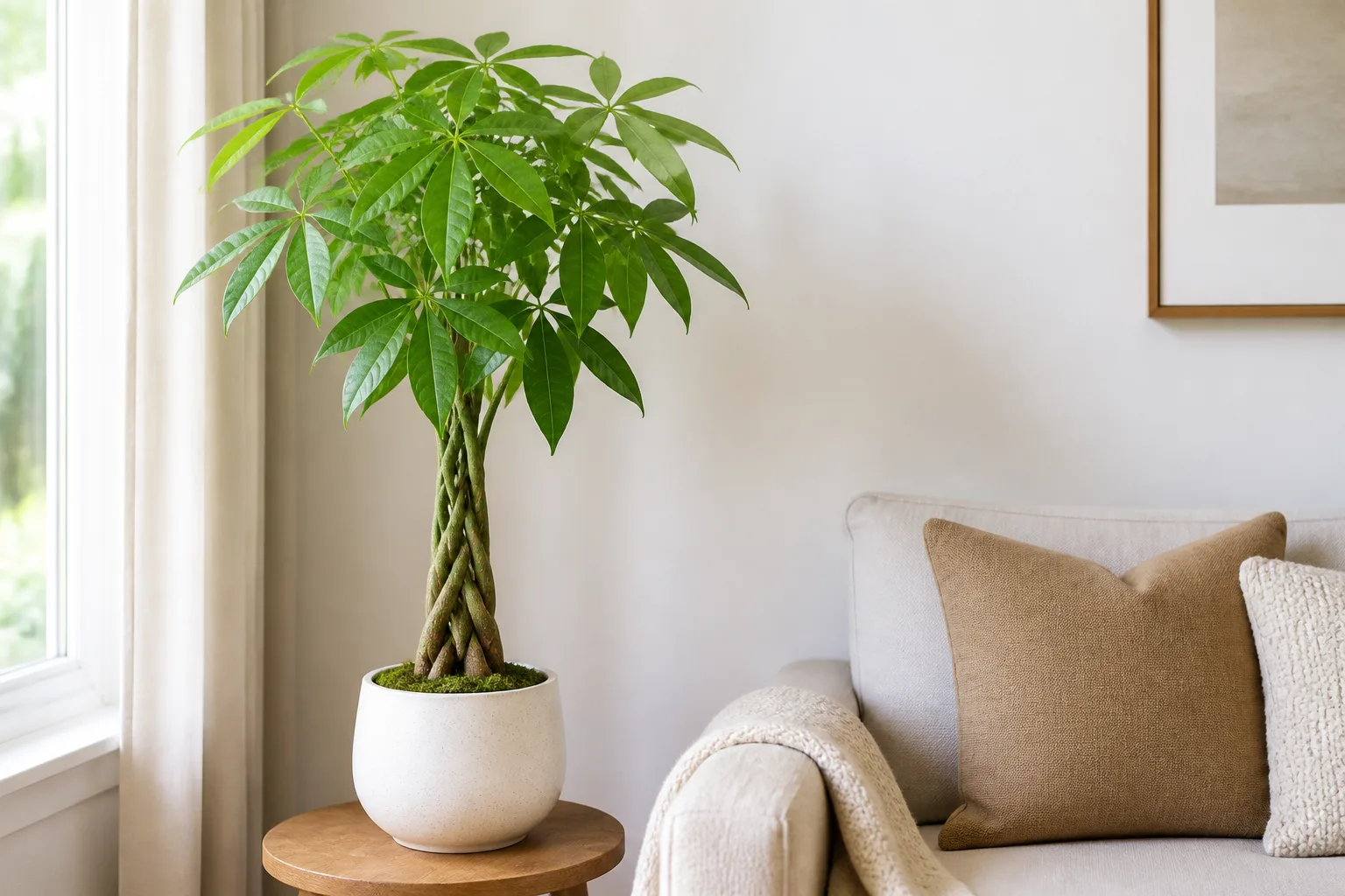 Braided money tree on a side table in a bright living room corner