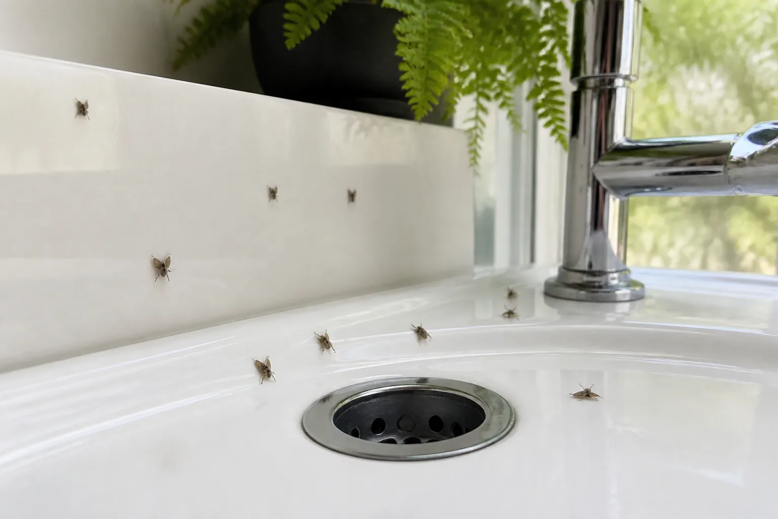 Tiny fuzzy drain flies resting on a bathroom sink rim and backsplash near the chrome drain opening