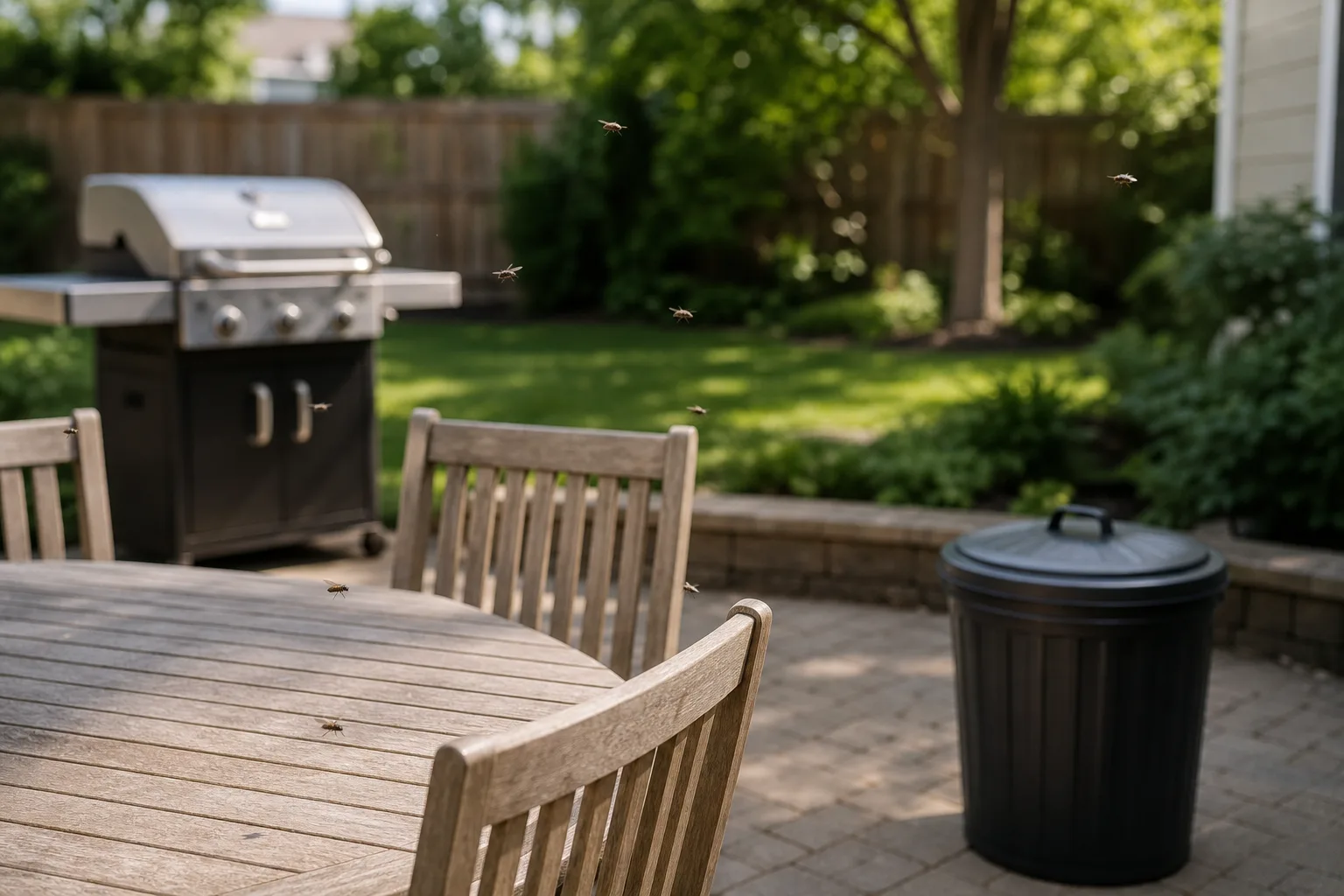 Backyard patio with grill and dining table where house flies gather near an outdoor trash can