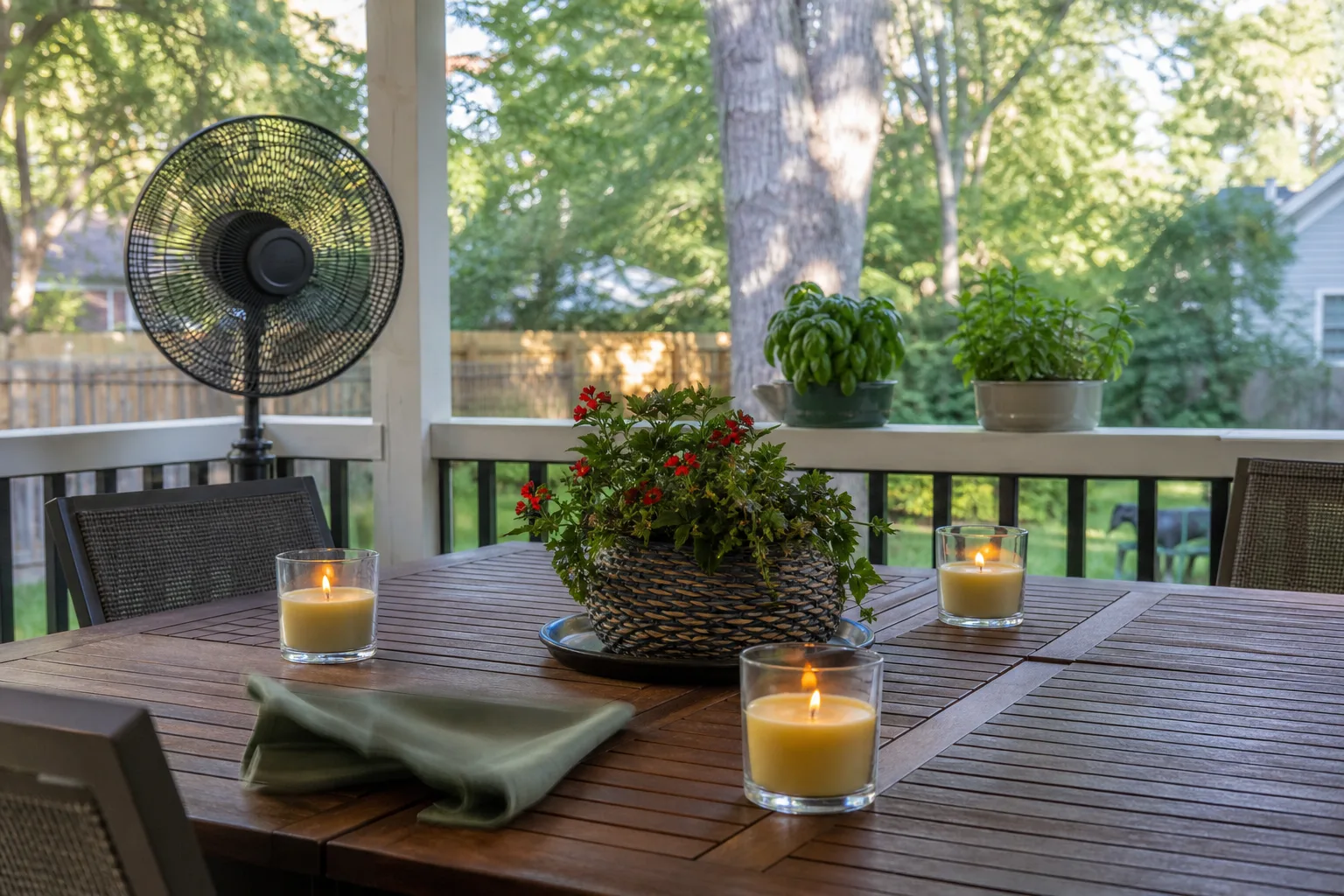 Patio dining table with citronella candles, basil and mint pots, and an oscillating fan aimed across the seating area