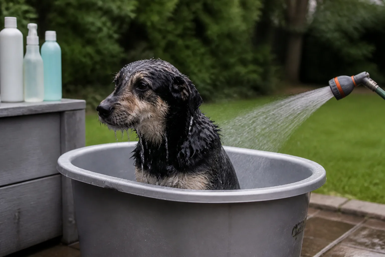 Dog in an outdoor plastic wash tub on a backyard patio being rinsed with a garden hose during de-skunking