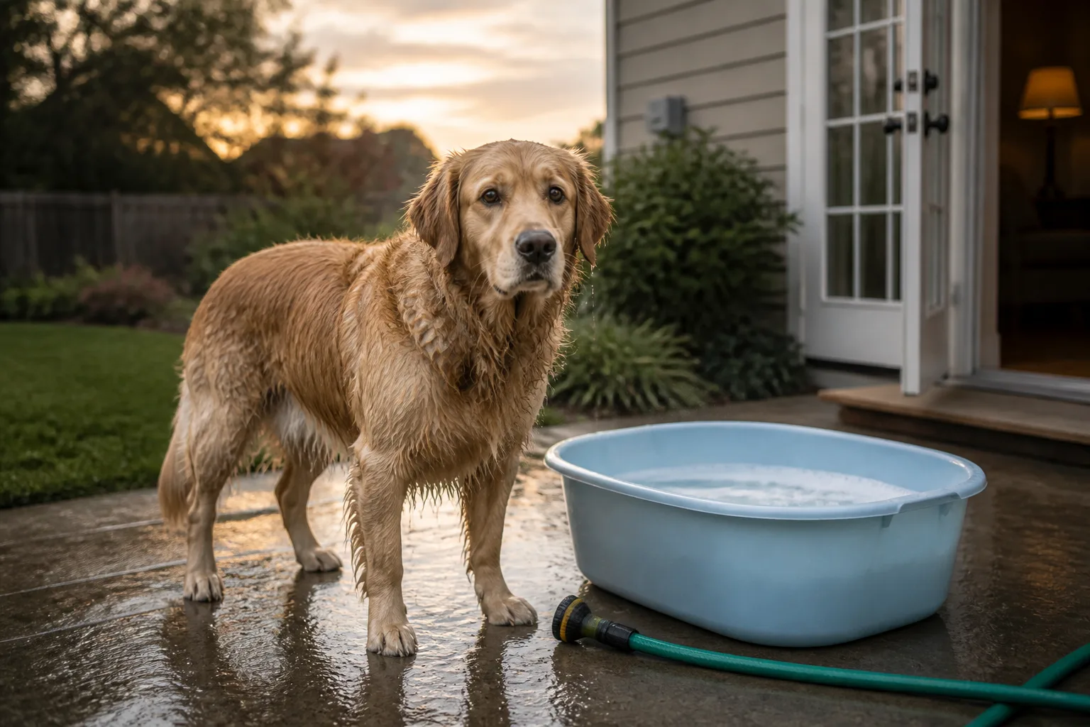 Golden retriever beside an outdoor wash tub and garden hose on a suburban patio before de-skunking indoors