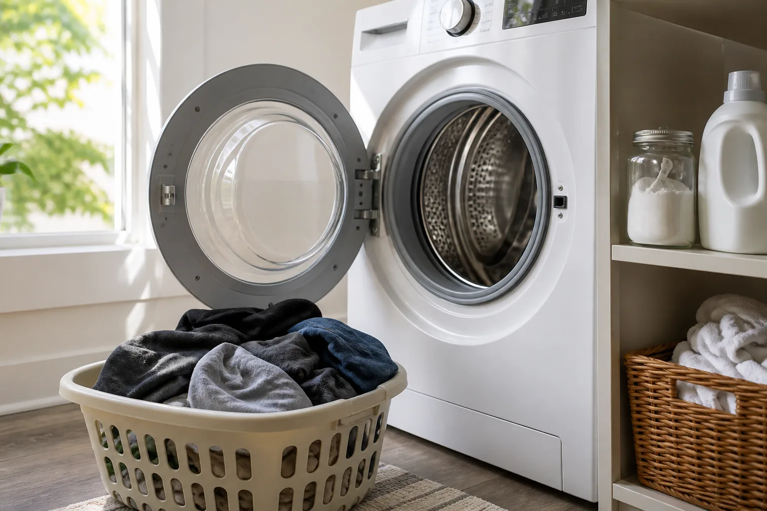 Front-loading washer with laundry basket and baking soda on a shelf for washing skunk-sprayed clothing