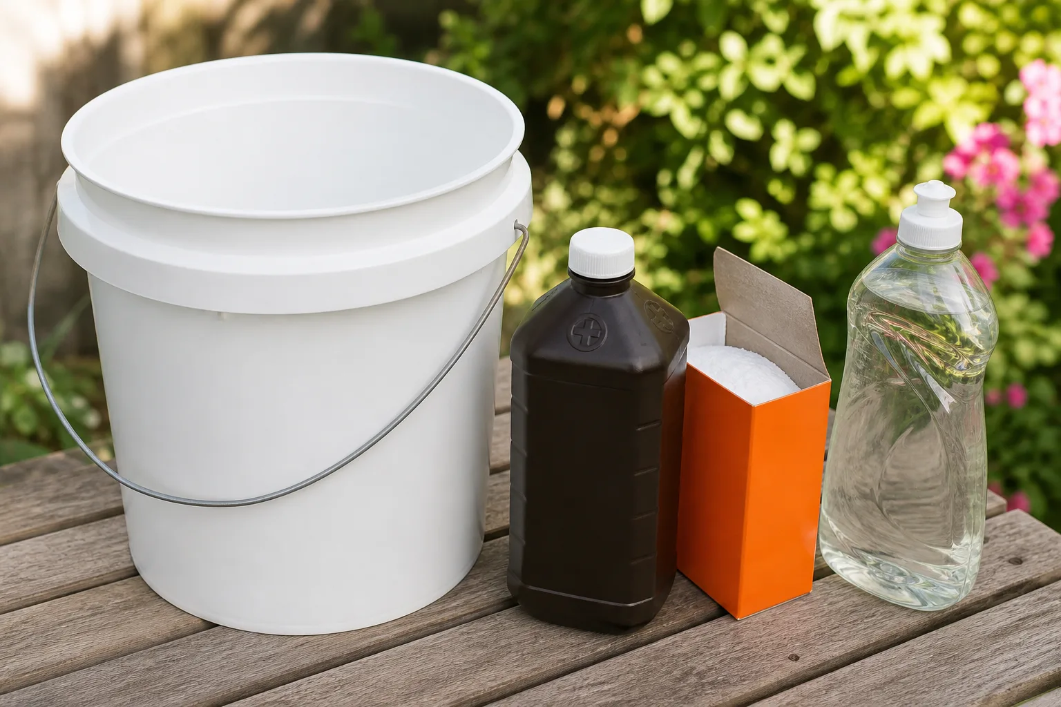 Hydrogen peroxide, baking soda, and dish detergent beside an open bucket ready to mix the de-skunking formula