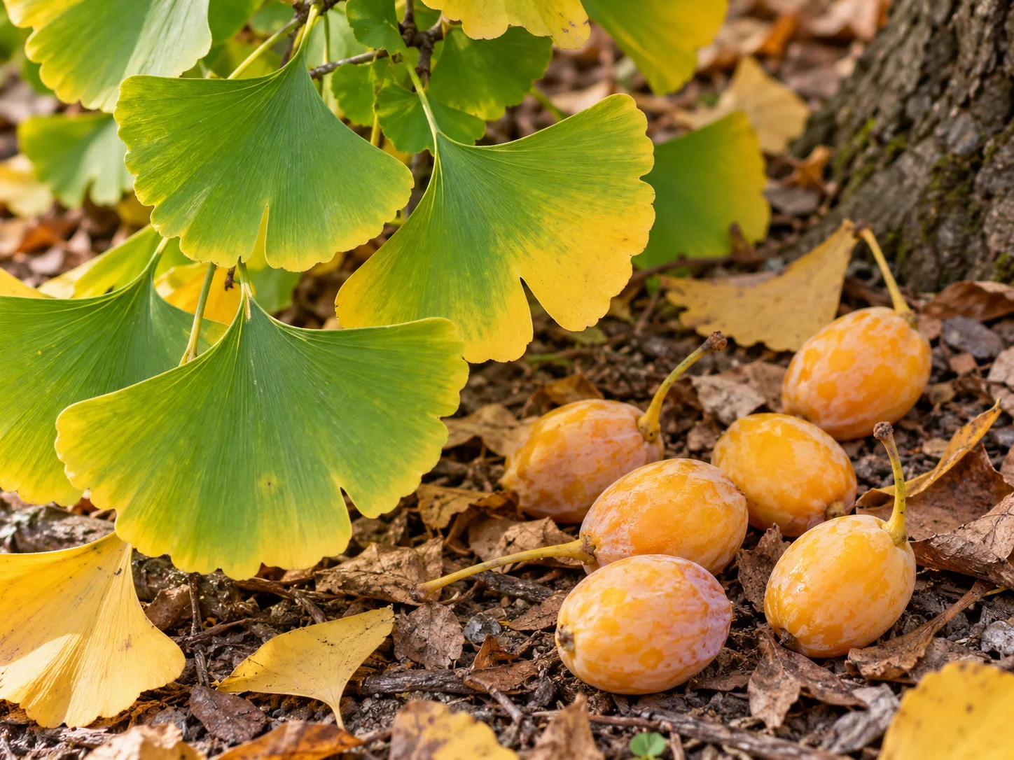 Golden ginkgo leaves beside fallen female seeds in autumn