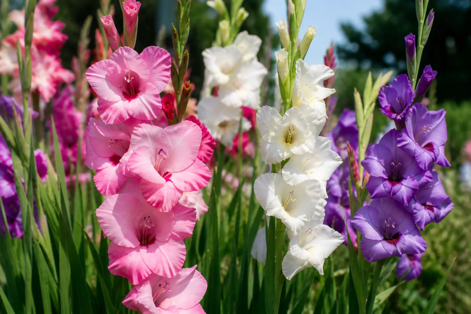 Gladiolus flower spikes with trumpet-shaped blooms opening bottom to top on tall green stems in a sunny garden