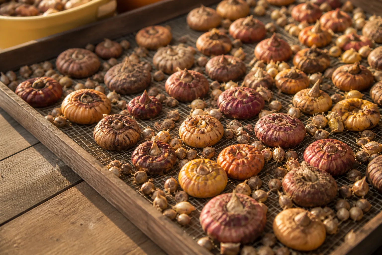 Dried gladiolus corms and cormlets laid in a single layer on a tray for autumn curing and winter storage