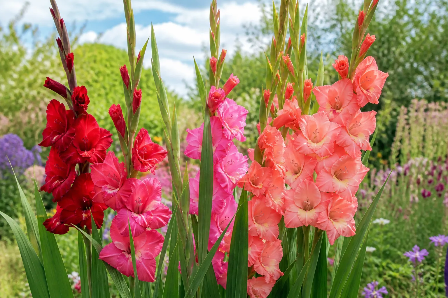 Tall colorful gladiolus flower spikes blooming in a sunny summer garden border