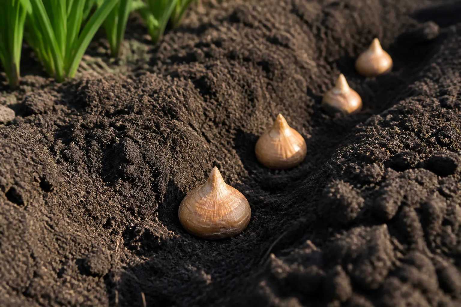 Gladiolus corms placed in a prepared garden trench at proper planting depth in spring soil