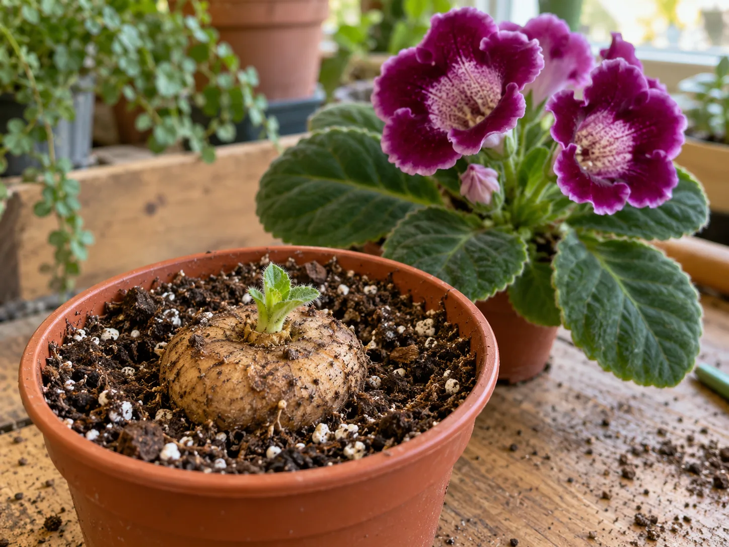 A florist's gloxinia tuber beginning new growth in a shallow pot