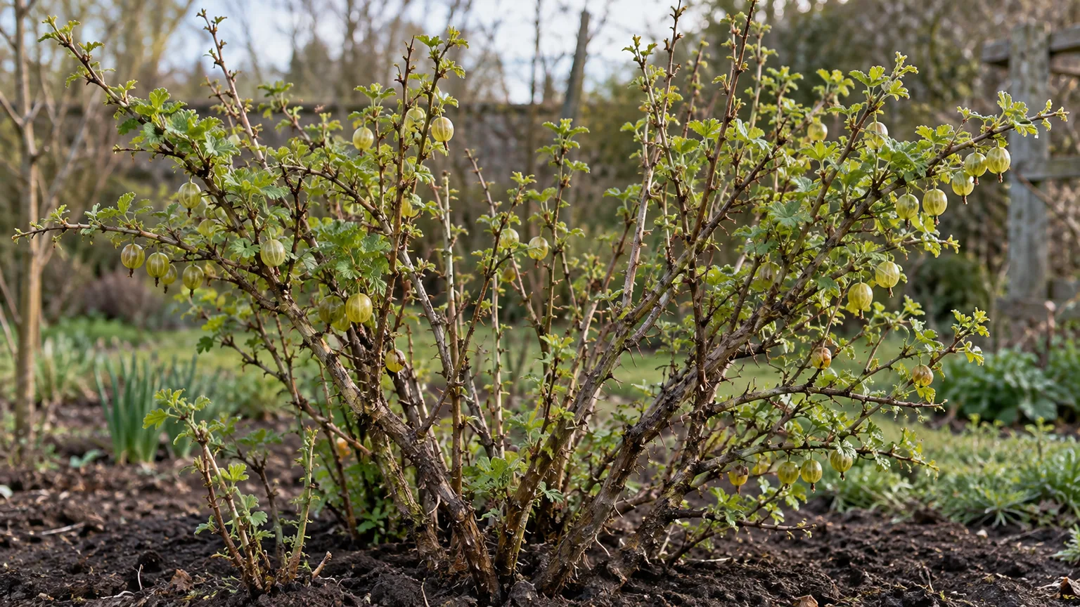 An open-centered gooseberry bush with a balanced framework of fruiting canes