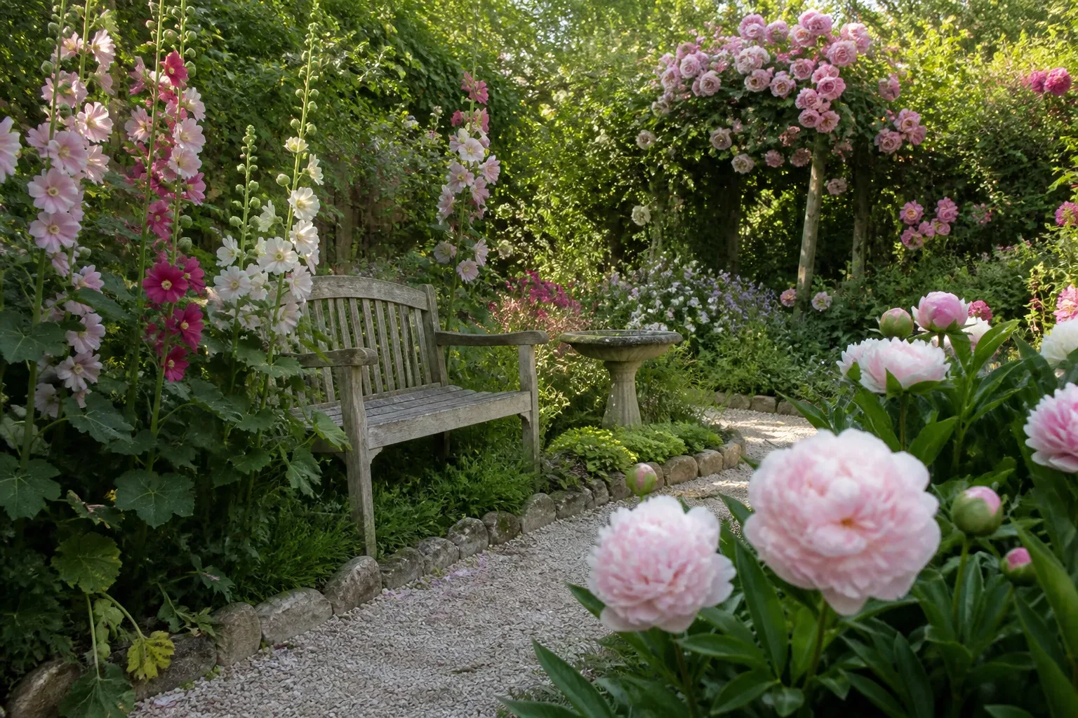 Nostalgic grandma garden with layered pastel peonies, hollyhocks, and climbing roses along a curved gravel path