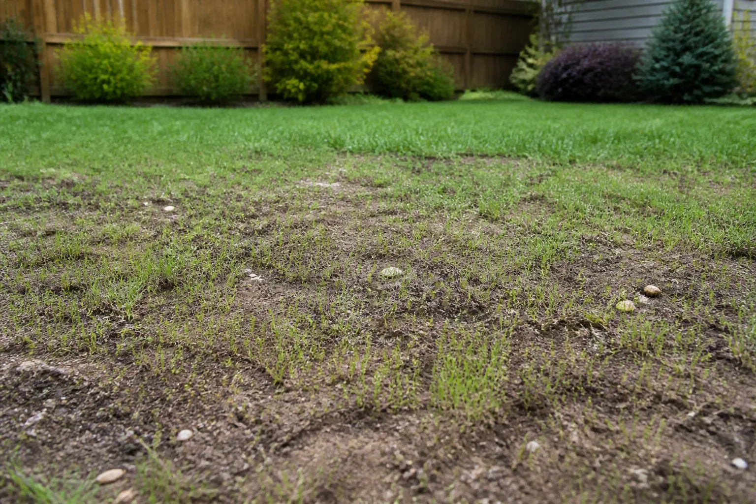 Patchy residential lawn with slow grass seedlings emerging from prepared soil