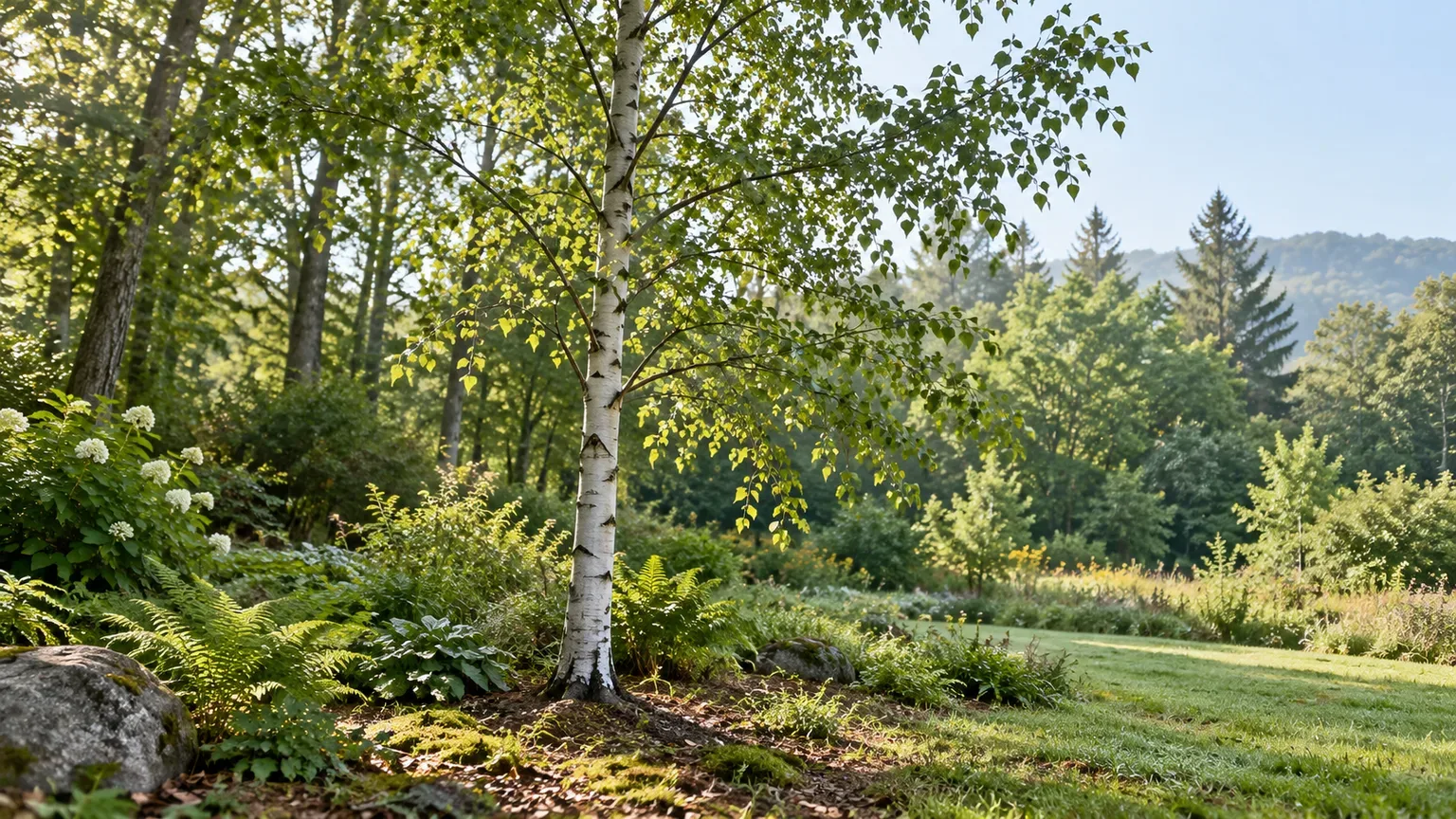 Gray birch growing at a cool, open garden edge with space around its crown