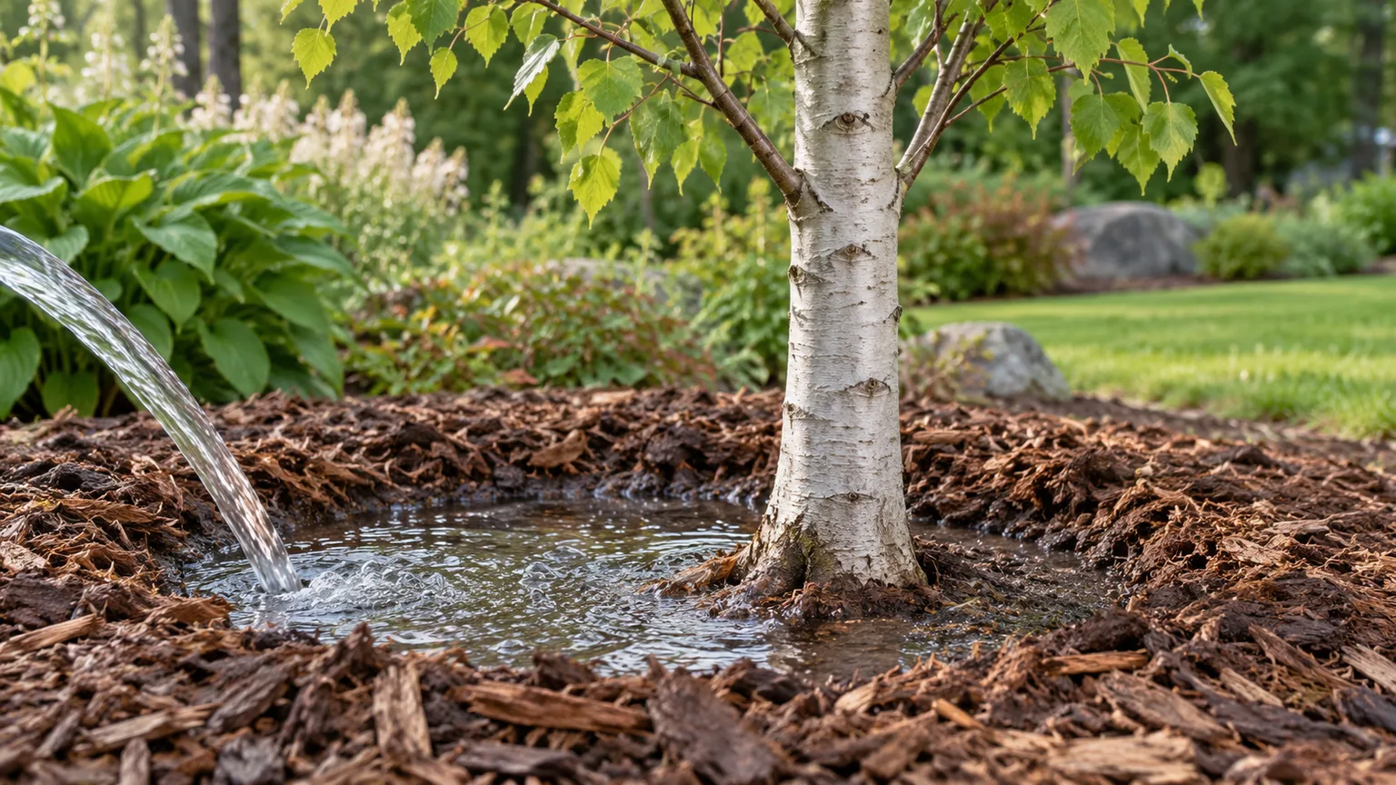 Slow watering soaks a gray birch root zone beneath a broad mulch ring while leaving its root flare clear