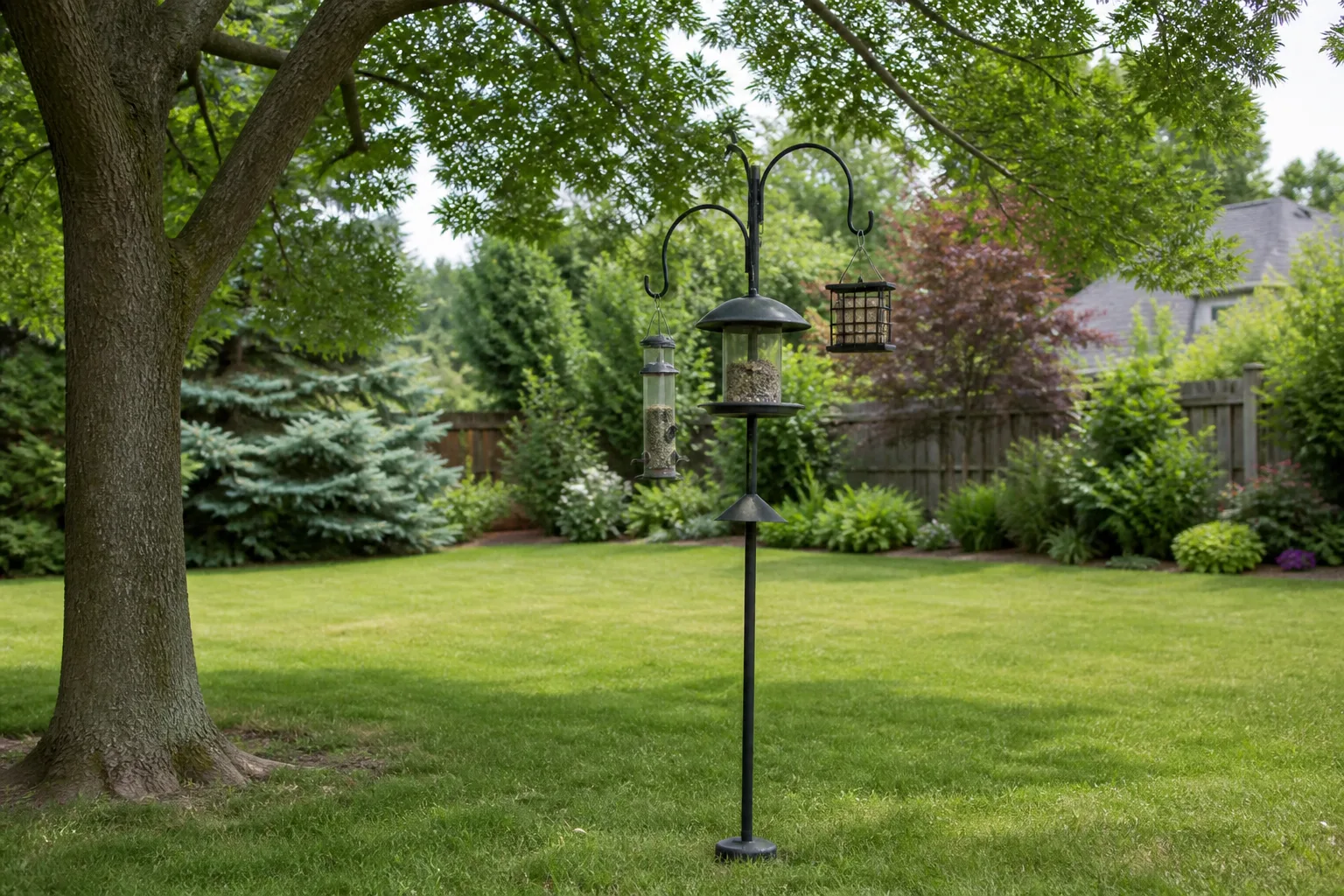 Bird feeder pole in open backyard lawn with clear distance from trees and fence line